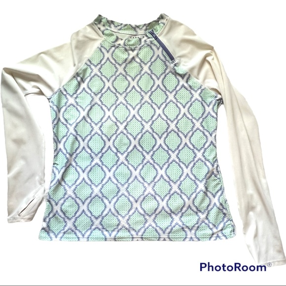 Cabana Life Blue Geometric White Long Sleeve Rashguard Zipper Neckline Thumbhole - Picture 1 of 7